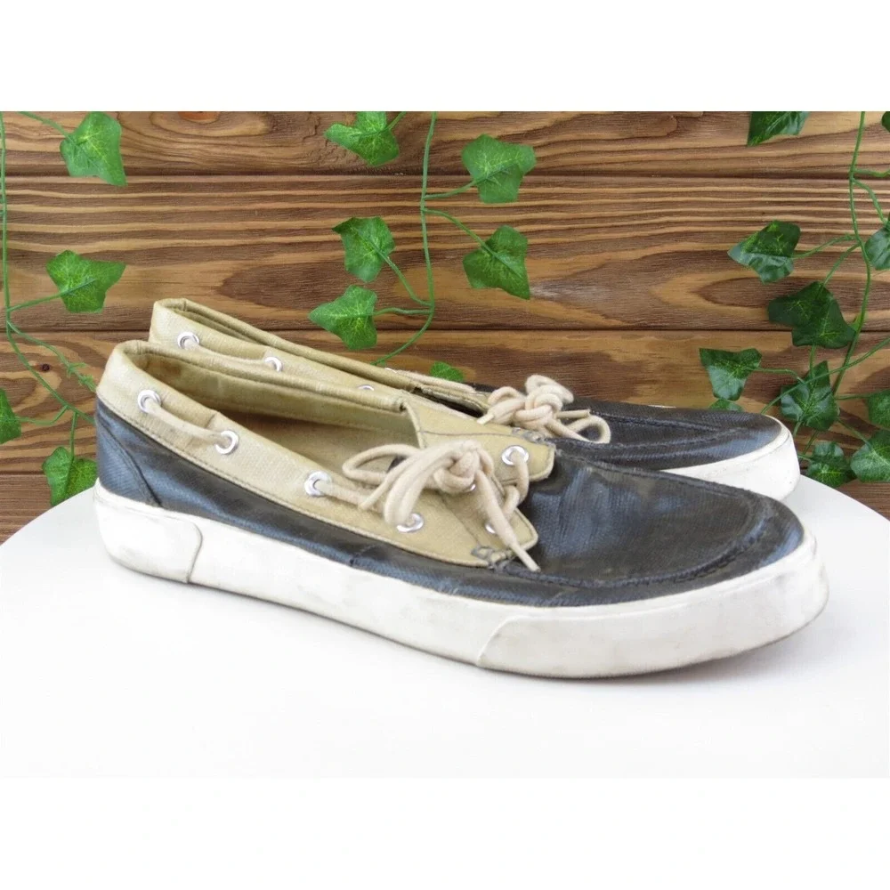 Polo Ralph Lauren Sz 10 Boat Shoe Gray Coated Canvas Men Lace Up Lander Medium‎
